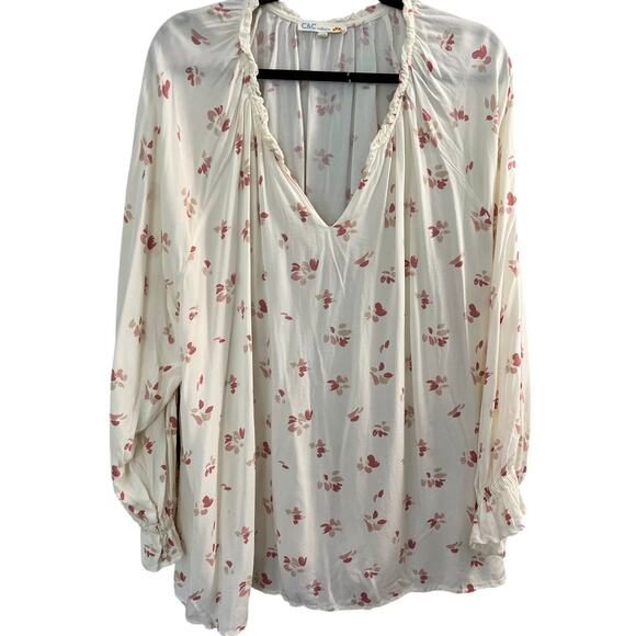 C&C California Blouse 3X Plus Off White Floral Popover Long Sleeves Peasant Boho - Picture 1 of 9
